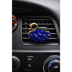 Vintage 1980s Gold Tone Cobalt Marquise Rhinestone Swan Car Vent Clip, 1.75x1.5”